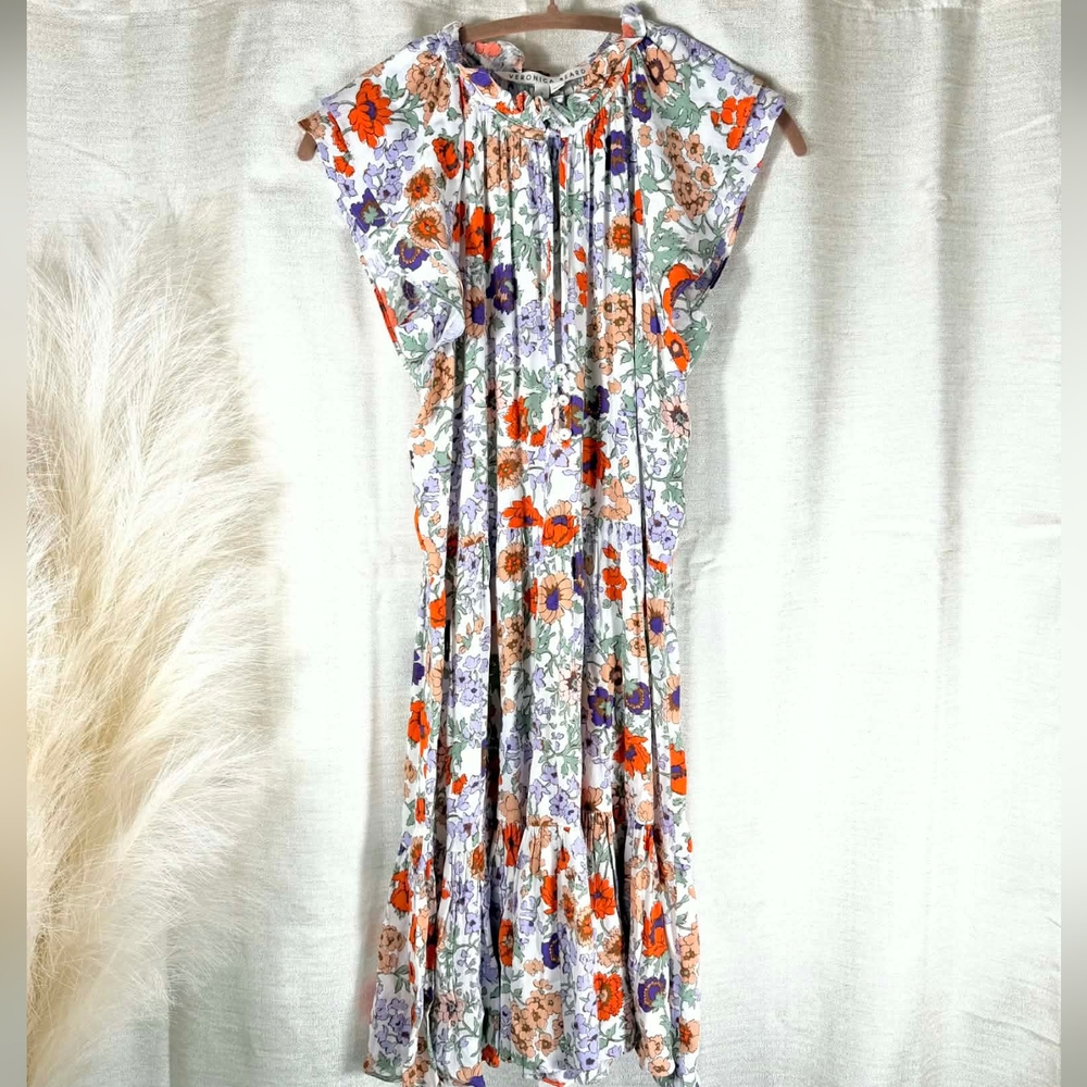 Veronica Beard White Floral Maxi Dress with Orange & Purple Flowers